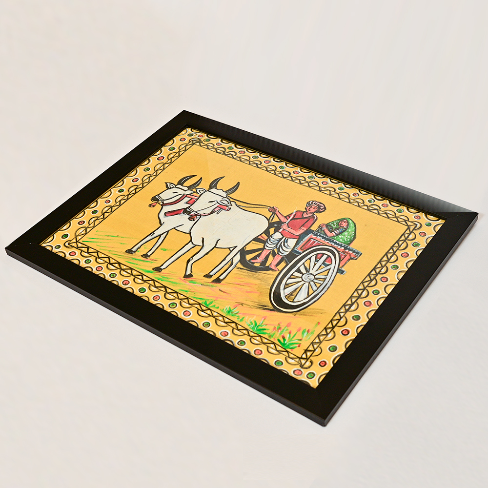 Handmade Traditional Bullock Cart Folk Art Painting with Frame