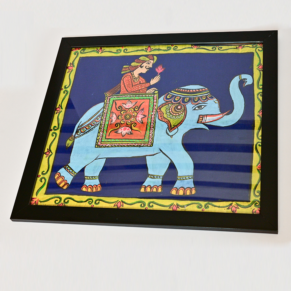 Handmade Folk Art Elephant Painting with Frame