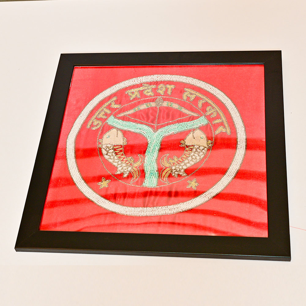 Handmade Embroidered Wall Frame – Uttar Pradesh State Emblem Design